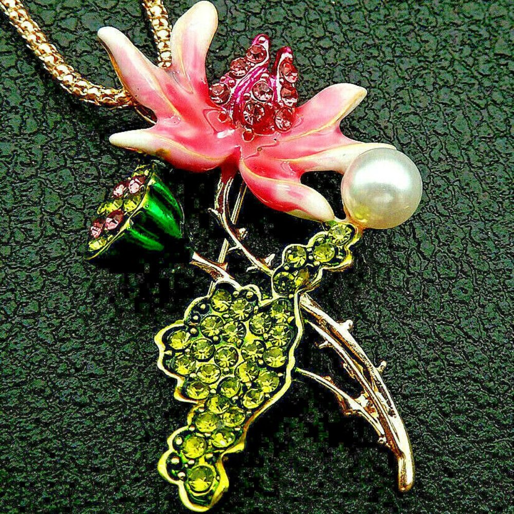 Hot Pink ORCHID Lotus Pearl Flower Pendant Brooch - Picture 6 of 8